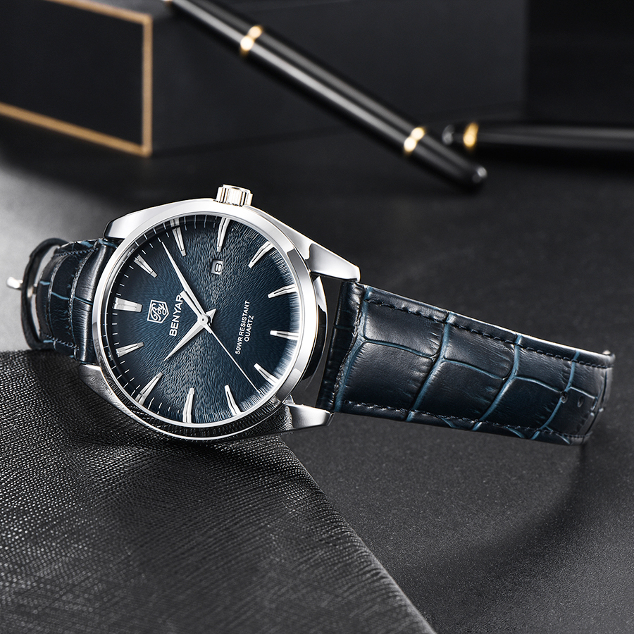 BENYAR Casual Men's Quartz Watches Miyota Movement Genuine Leather Watchband Sports Waterproof Wrist Watch for Men Auto Date Buckle BY5163M
