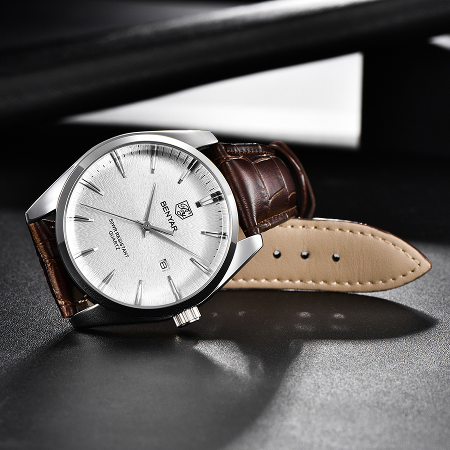 BENYAR Casual Men's Quartz Watches Miyota Movement Genuine Leather Watchband Sports Waterproof Wrist Watch for Men Auto Date Buckle BY5163M