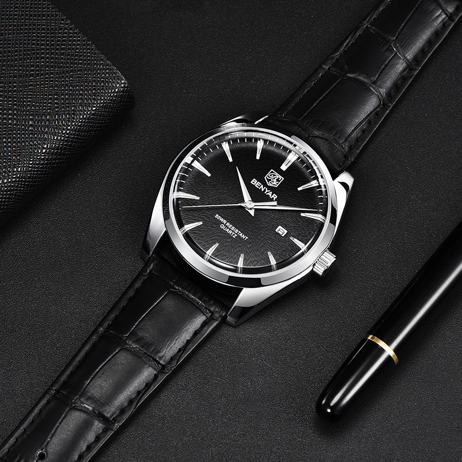 BENYAR Casual Men's Quartz Watches Miyota Movement Genuine Leather Watchband Sports Waterproof Wrist Watch for Men Auto Date Buckle