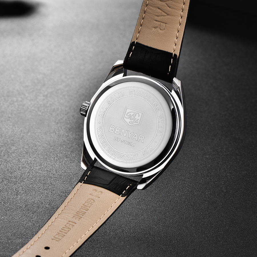 BENYAR Casual Men's Quartz Watches Miyota Movement Genuine Leather Watchband Sports Waterproof Wrist Watch for Men Auto Date Buckle