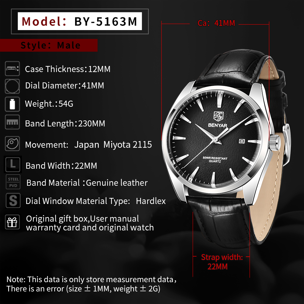 BENYAR Casual Men's Quartz Watches Miyota Movement Genuine Leather Watchband Sports Waterproof Wrist Watch for Men Auto Date Buckle