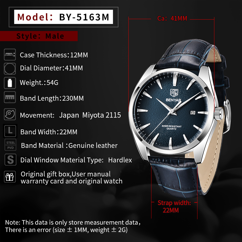 BENYAR Casual Men's Quartz Watches Miyota Movement Genuine Leather Watchband Sports Waterproof Wrist Watch for Men Auto Date Buckle BY5163M