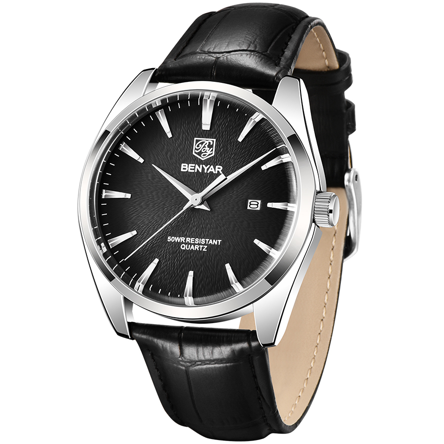 BENYAR Casual Men's Quartz Watches Miyota Movement Genuine Leather Watchband Sports Waterproof Wrist Watch for Men Auto Date Buckle