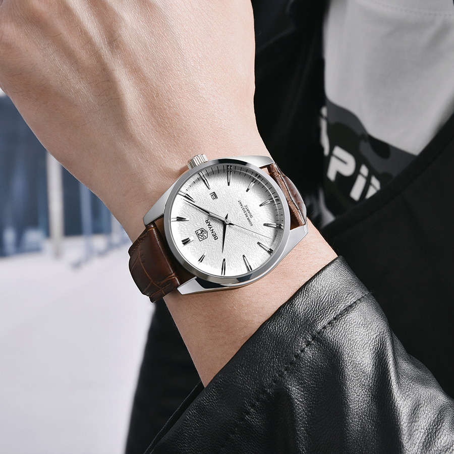BENYAR Casual Men's Quartz Watches Miyota Movement Genuine Leather Watchband Sports Waterproof Wrist Watch for Men Auto Date Buckle BY5163M