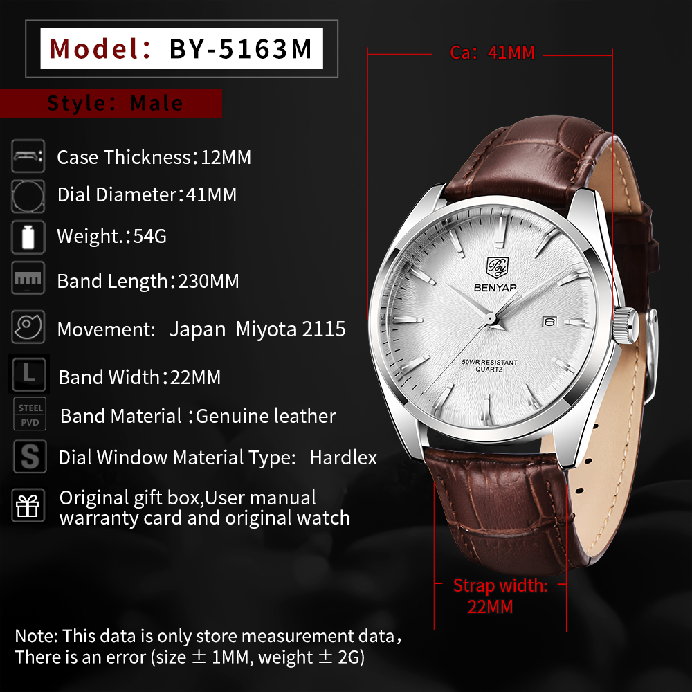BENYAR Casual Men's Quartz Watches Miyota Movement Genuine Leather Watchband Sports Waterproof Wrist Watch for Men Auto Date Buckle BY5163M
