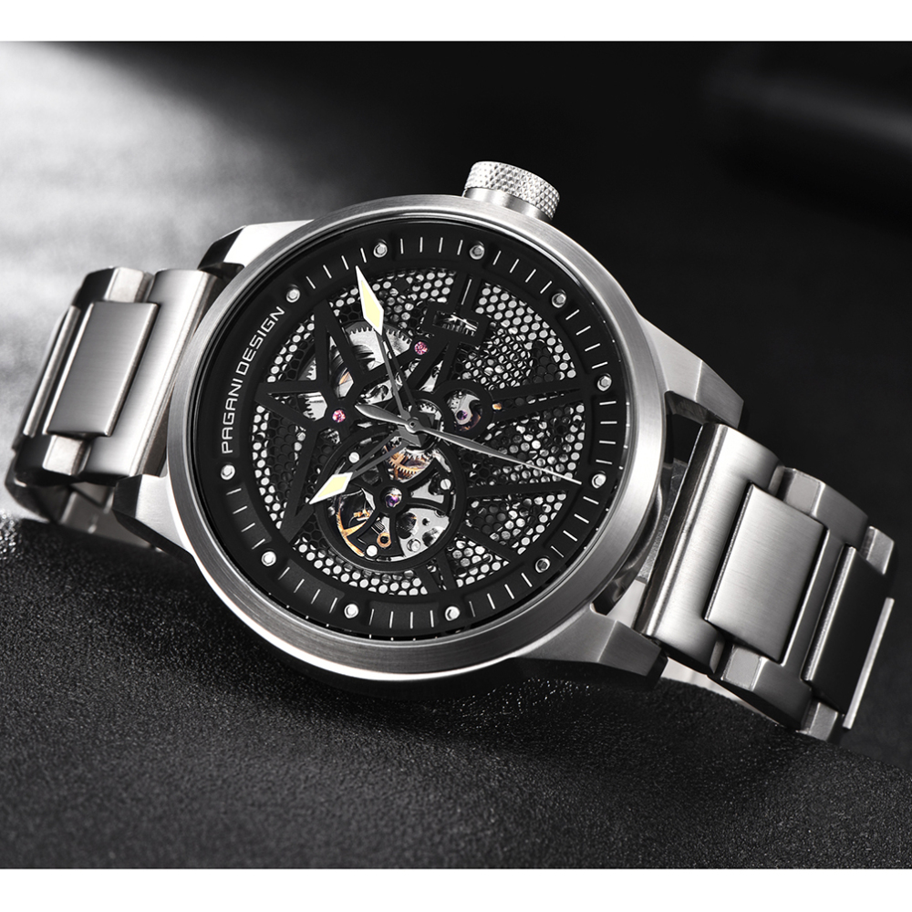 PAGANI DESIGN Skeleton Automatic Watches for Men Stainless Steel Waterproof Men's Wrist Watch Genuine Leather Watchband