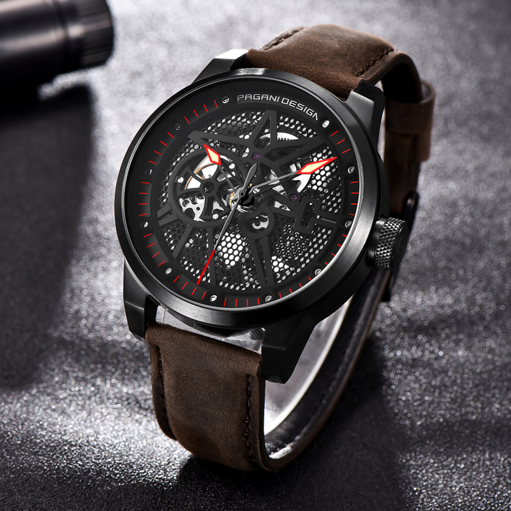 PAGANI DESIGN Skeleton Automatic Watches for Men Stainless Steel Waterproof Men's Wrist Watch Genuine Leather Watchband