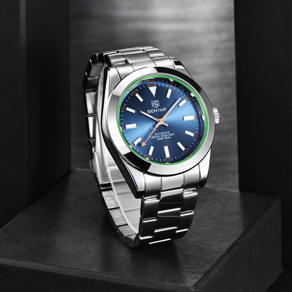 BENYAR Men's Automatic Watches 50M Waterproof Solid Stainless Steel Bracelet Wrist Watch for Men Flash Pointer Luminous Wristwatches