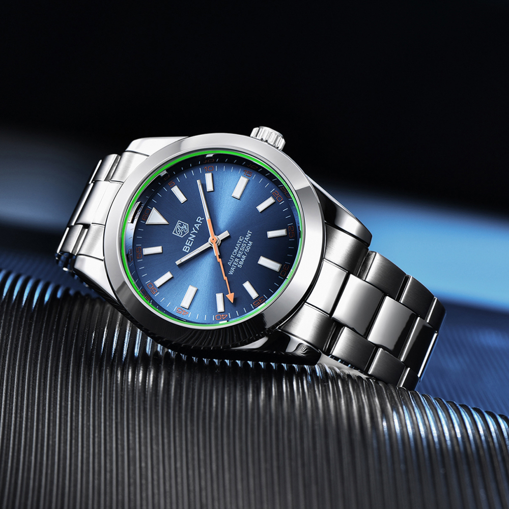 BENYAR Men's Automatic Watches 50M Waterproof Solid Stainless Steel Bracelet Wrist Watch for Men Flash Pointer Luminous Wristwatches