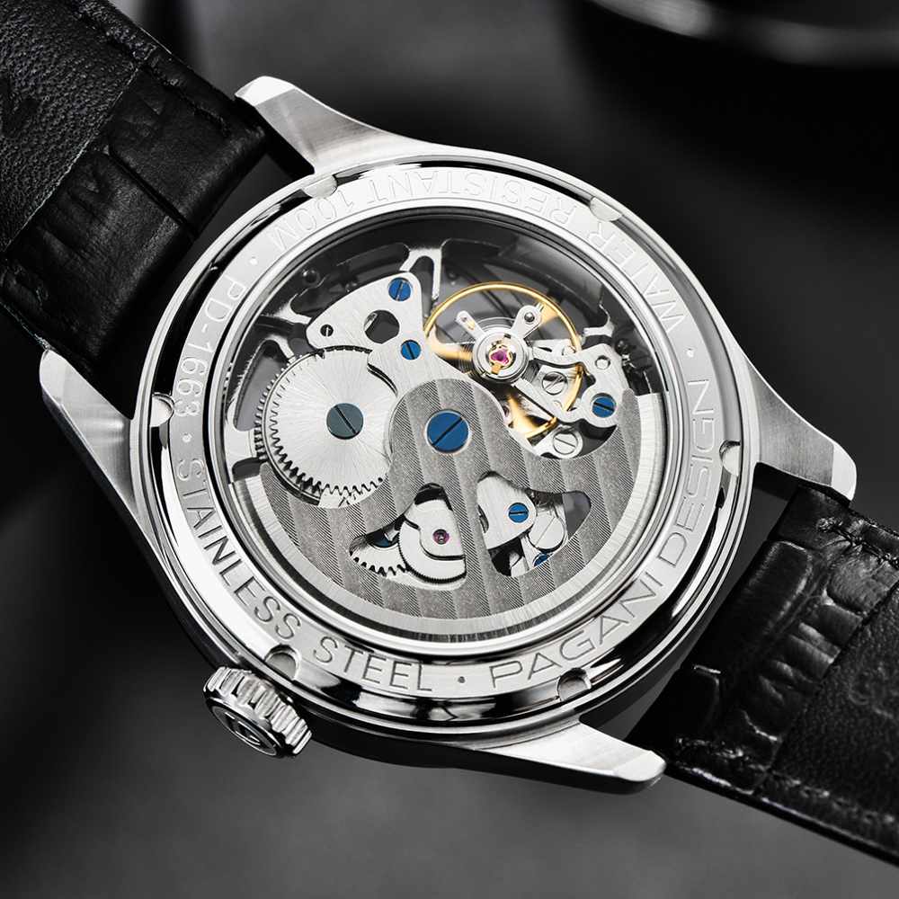 PAGANI DESIGN Skeleton Men's Automatic Watches Genuine Leather Strap 100M Waterproof Luxury Wrist Watch for Man Business Clock with Classic Buckle