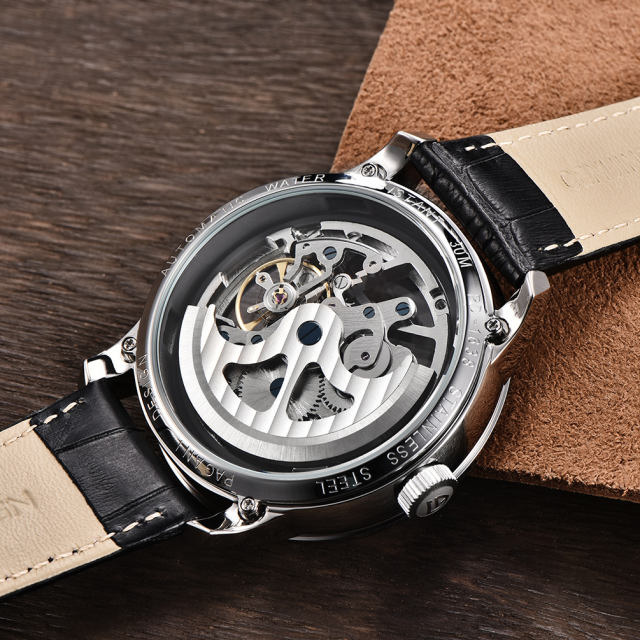 PAGANI DESIGN Men's Skeleton Automatic Watches Genuine Leather Strap Waterproof Wrist Watch for Man Steampunk Luxury Clock with Deployment Clasp