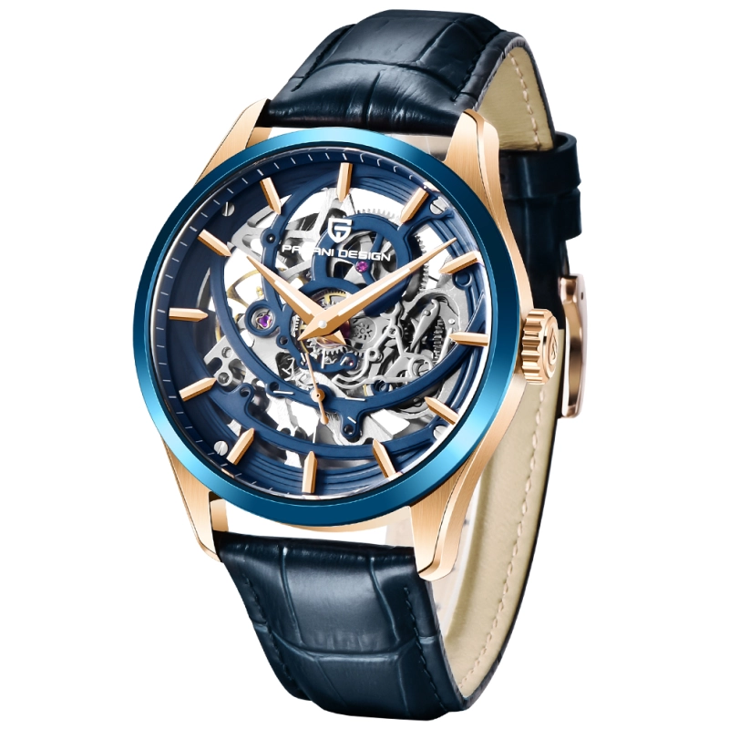 PAGANI DESIGN Skeleton Men's Automatic Watches Genuine Leather Strap 100M Waterproof Luxury Wrist Watch for Man Business Clock with Classic Buckle