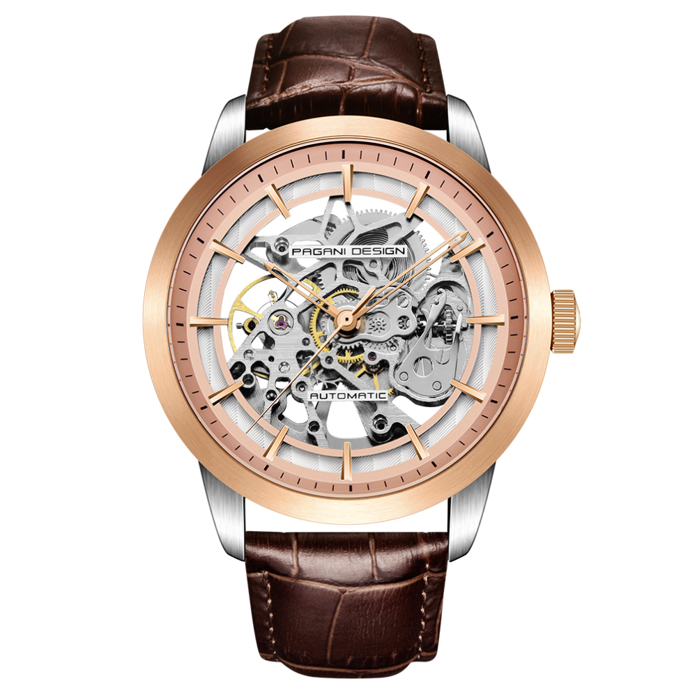 PAGANI DESIGN Men's Skeleton Automatic Watches Genuine Leather Strap Waterproof Wrist Watch for Man Steampunk Luxury Clock with Deployment Clasp