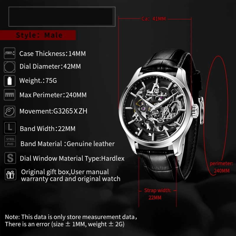 PAGANI DESIGN Skeleton Men's Automatic Watches Genuine Leather Strap 100M Waterproof Luxury Wrist Watch for Man Business Clock with Classic Buckle