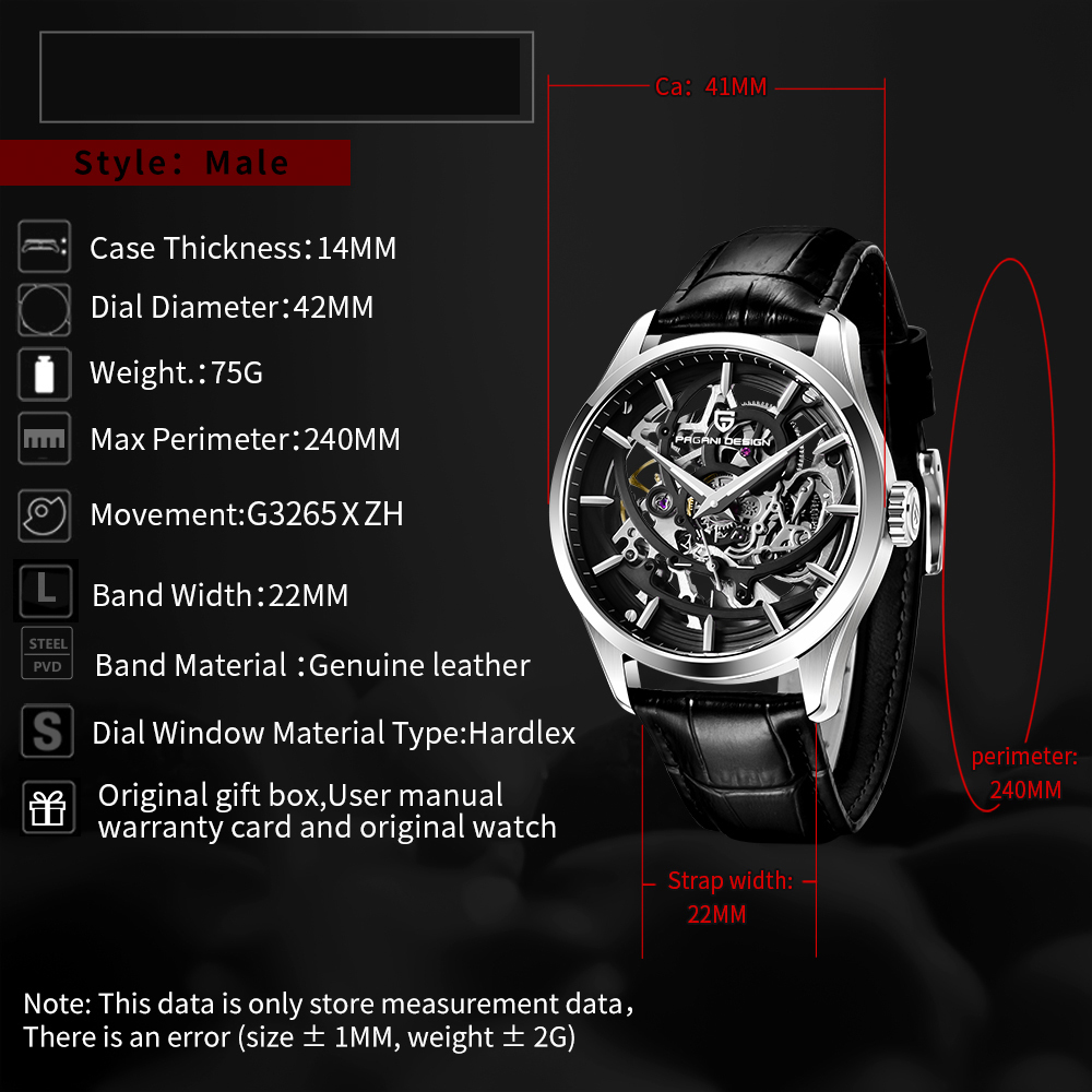 PAGANI DESIGN Skeleton Men's Automatic Watches Genuine Leather Strap 100M Waterproof Luxury Wrist Watch for Man Business Clock with Classic Buckle