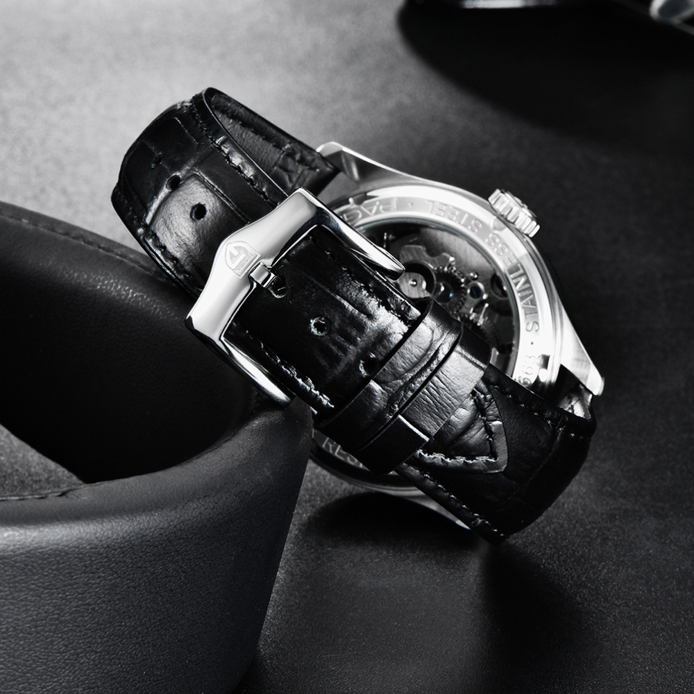 PAGANI DESIGN Skeleton Men's Automatic Watches Genuine Leather Strap 100M Waterproof Luxury Wrist Watch for Man Business Clock with Classic Buckle