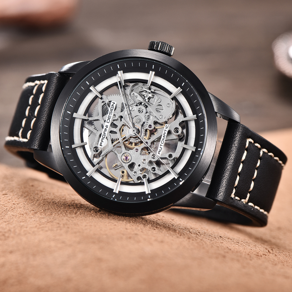PAGANI DESIGN Men's Skeleton Automatic Watches Genuine Leather Strap Waterproof Wrist Watch for Man Steampunk Luxury Clock with Deployment Clasp