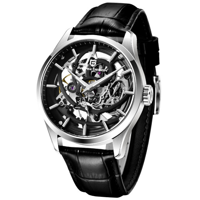 PAGANI DESIGN Skeleton Men's Automatic Watches Genuine Leather Strap 100M Waterproof Luxury Wrist Watch for Man Business Clock with Classic Buckle