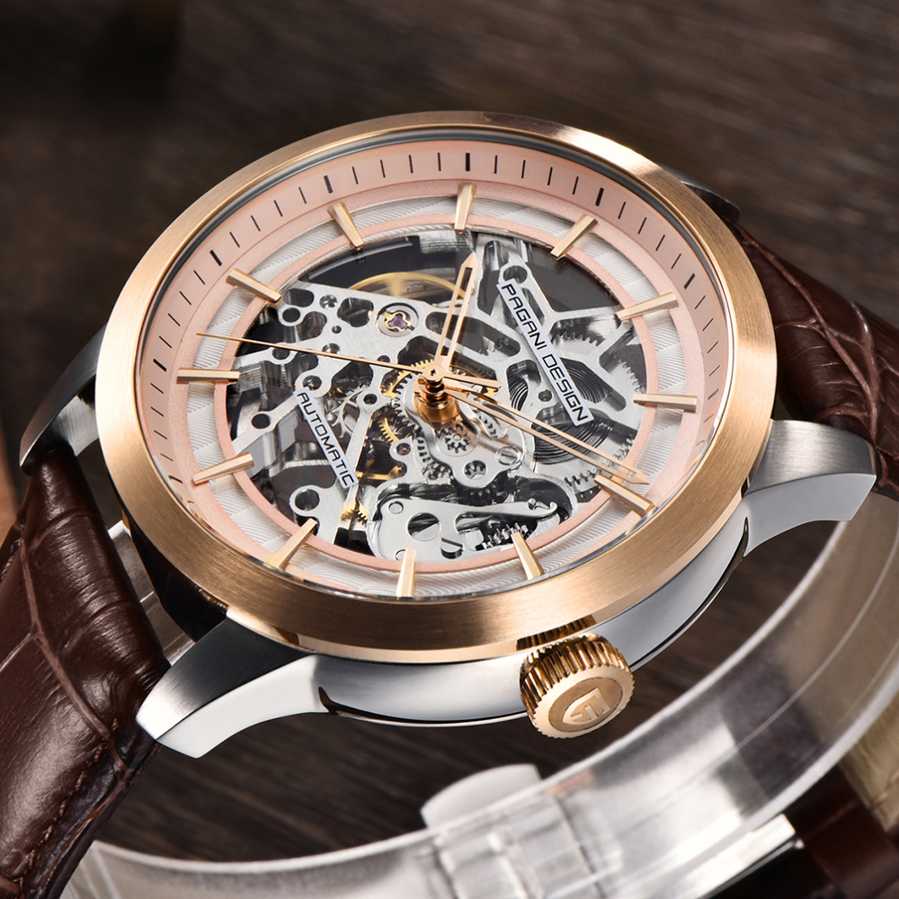 PAGANI DESIGN Men's Skeleton Automatic Watches Genuine Leather Strap Waterproof Wrist Watch for Man Steampunk Luxury Clock with Deployment Clasp