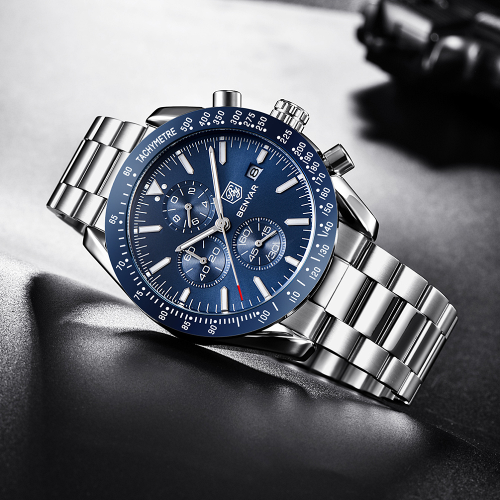 BENYAR Luxury Quartz Men's Watches Waterproof Sports Chronograph Wrist Watch with Silicone Watchband & Stainless Steel Strap Wristwatch for Men