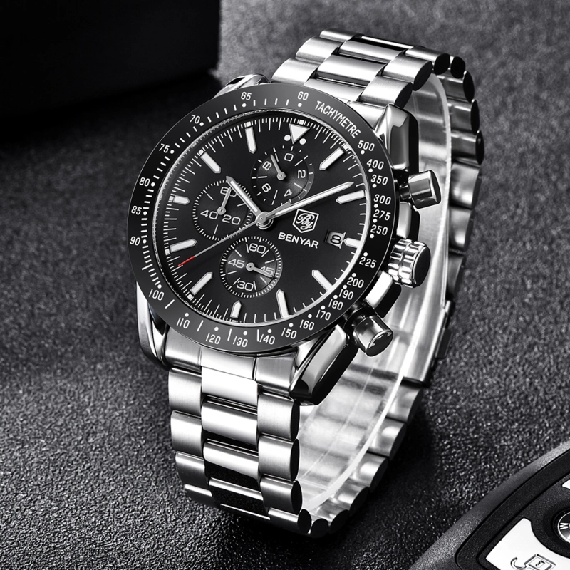 BENYAR Luxury Quartz Men's Watches Waterproof Sports Chronograph Wrist Watch with Silicone Watchband & Stainless Steel Strap Wristwatch for Men