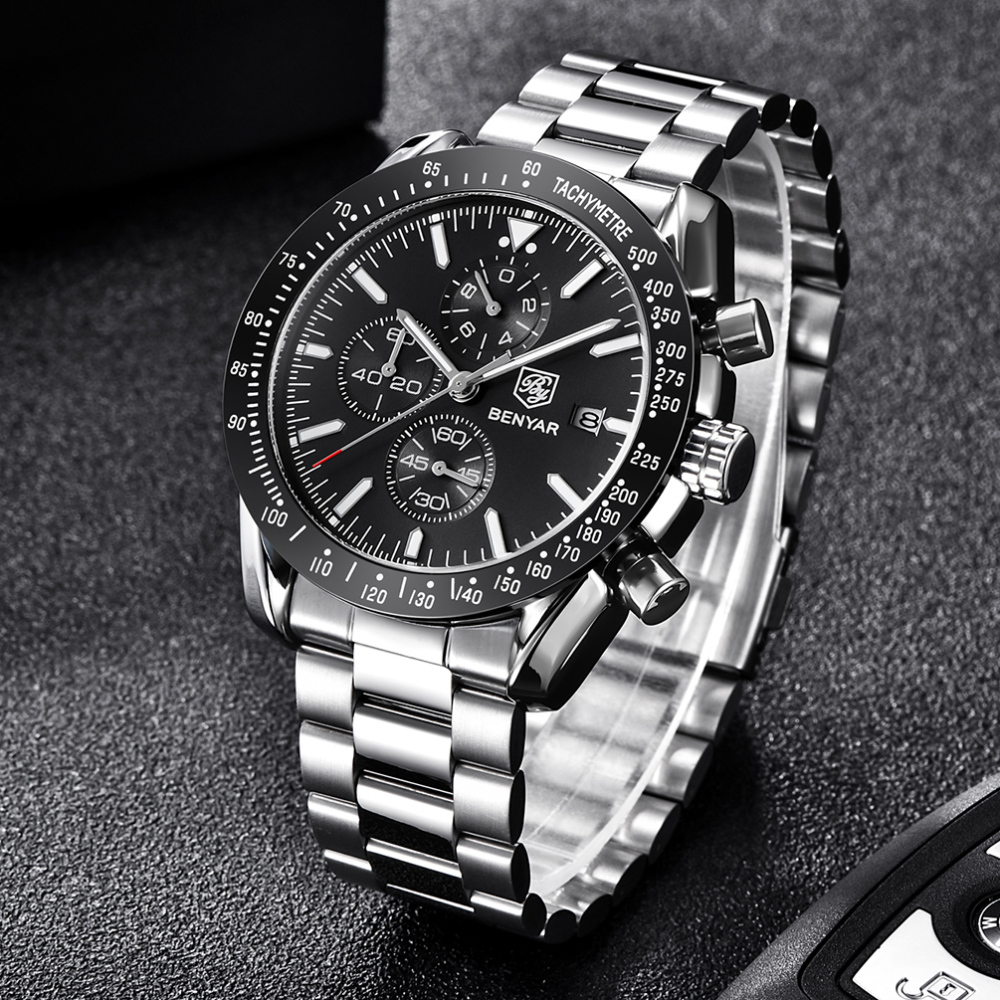 BENYAR Luxury Quartz Men's Watches Waterproof Sports Chronograph Wrist Watch with Silicone Watchband & Stainless Steel Strap Wristwatch for Men