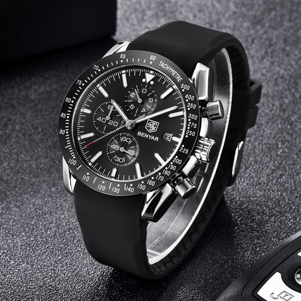 BENYAR Luxury Quartz Men's Watches Waterproof Sports Chronograph Wrist Watch with Silicone Watchband & Stainless Steel Strap Wristwatch for Men