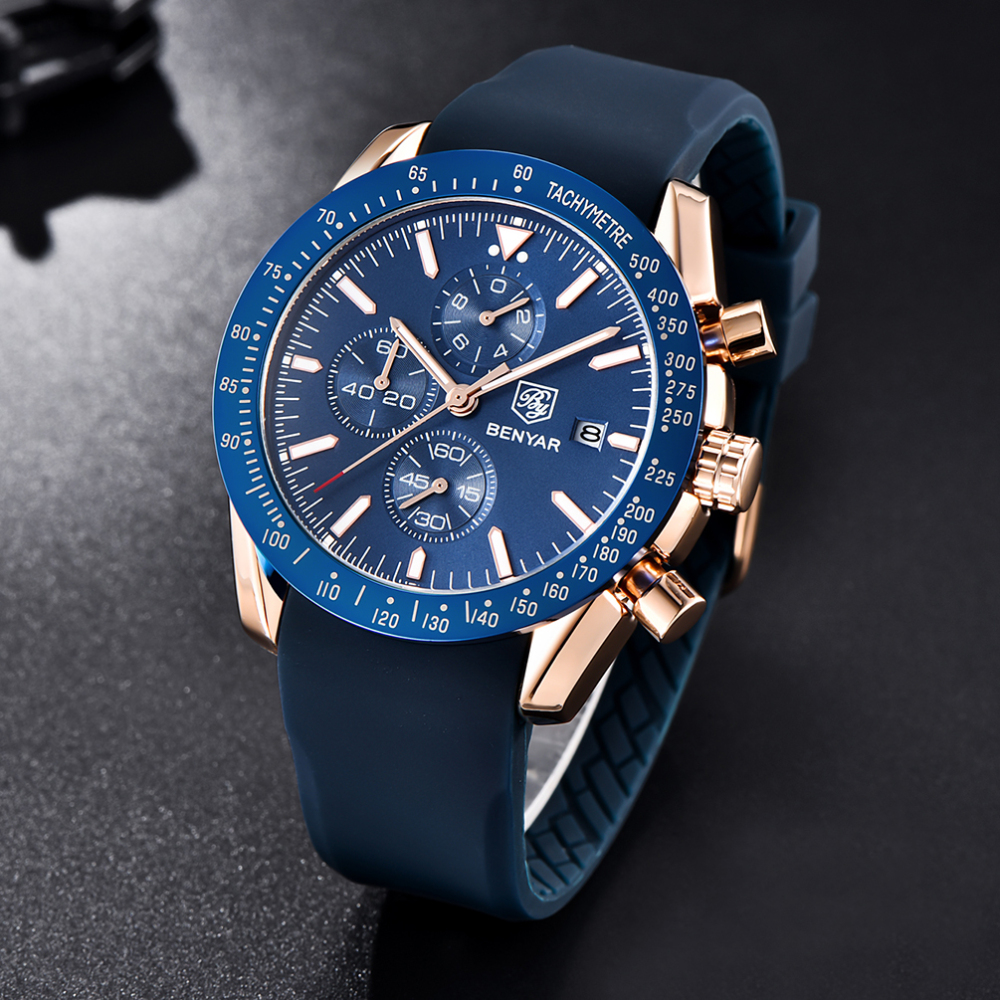 BENYAR Luxury Quartz Men's Watches Waterproof Sports Chronograph Wrist Watch with Silicone Watchband & Stainless Steel Strap Wristwatch for Men