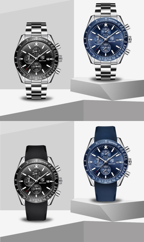 BENYAR Luxury Quartz Men's Watches Waterproof Sports Chronograph Wrist Watch with Silicone Watchband & Stainless Steel Strap Wristwatch for Men