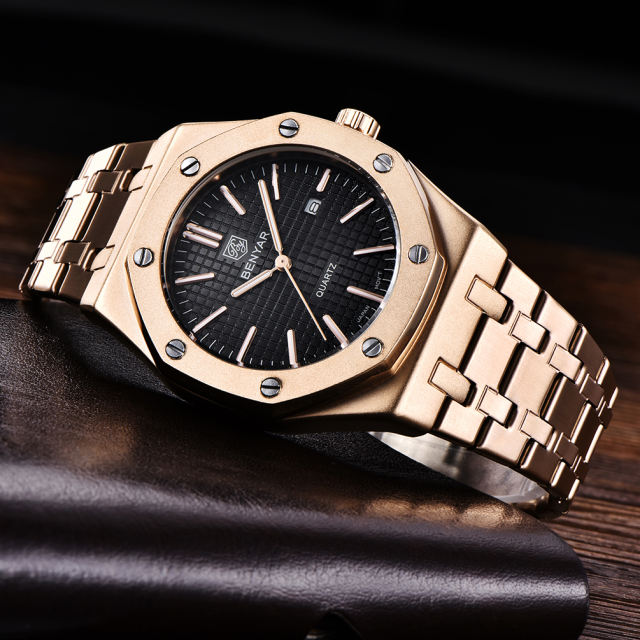 BENYAR Men's Quartz Watches Luxury Stainless Steel Waterproof Wrist Watch for Men Unique Design Sports Casual Watches