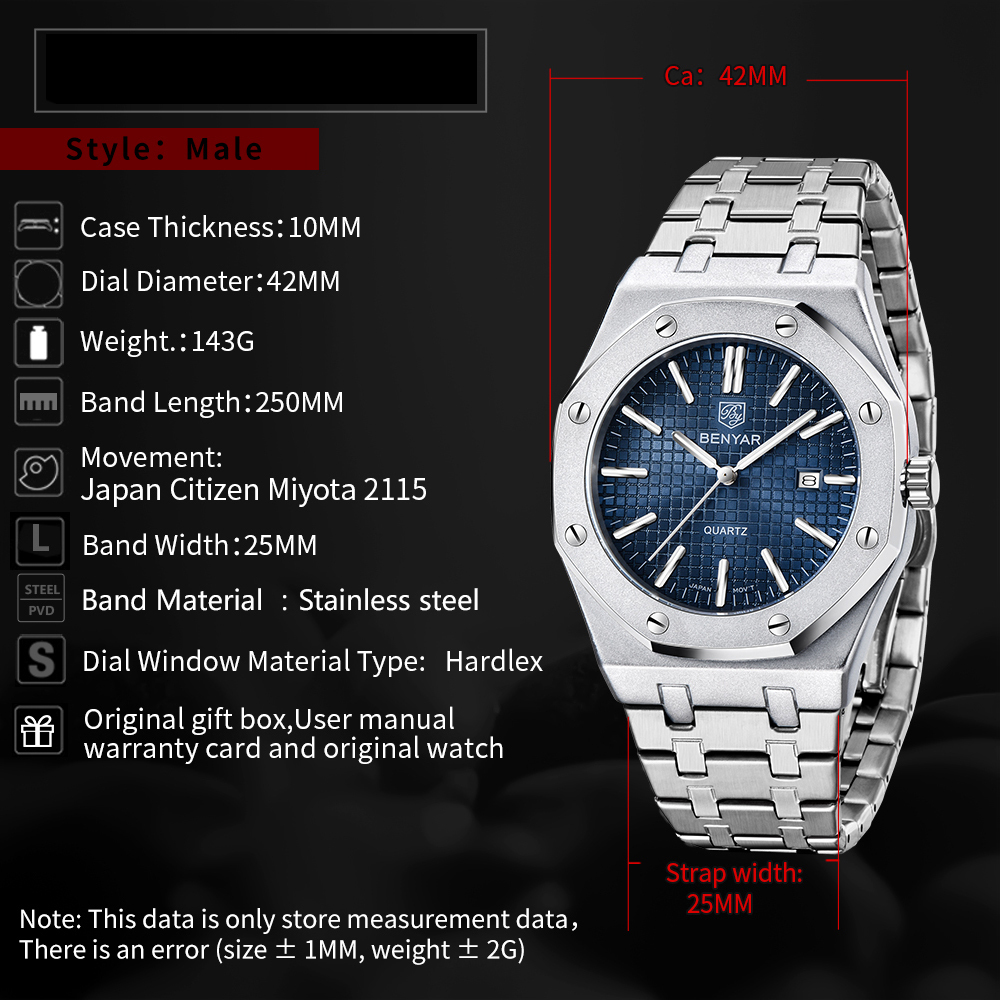 BENYAR Men's Quartz Watches Luxury Stainless Steel Waterproof Wrist Watch for Men Unique Design Sports Casual Watches