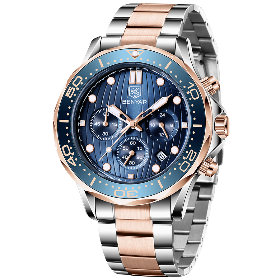 BENYAR New Men's Quartz Watches Waterproof Silicone Watchband Chronograph Wrist Watch for Men Auto Date Rotated Aluminum Bezel Luminous Dial