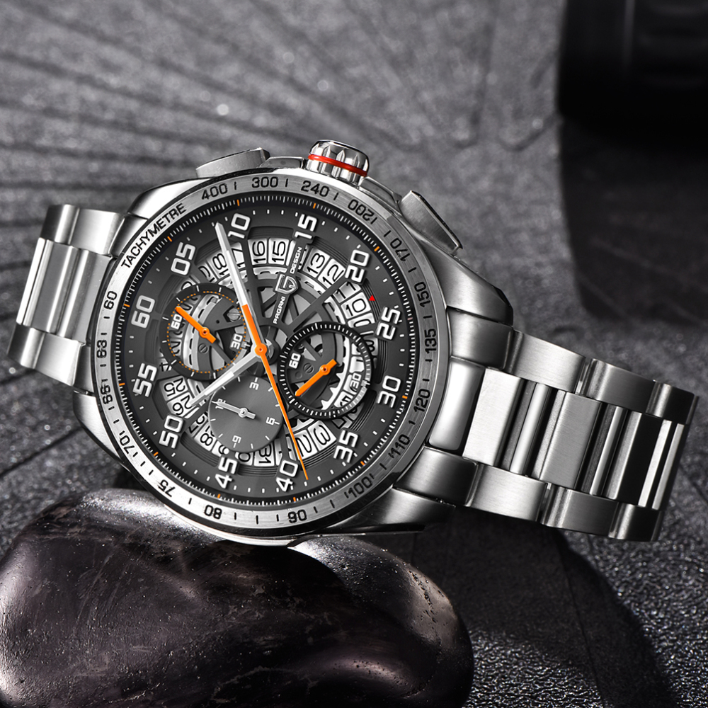 PAGANI DESIGN Men's Quartz Watches Stainless Steel Genuine Leather Watchband Waterproof Chronograph Wrist Watch for Men Skeleton Dial Auto Date