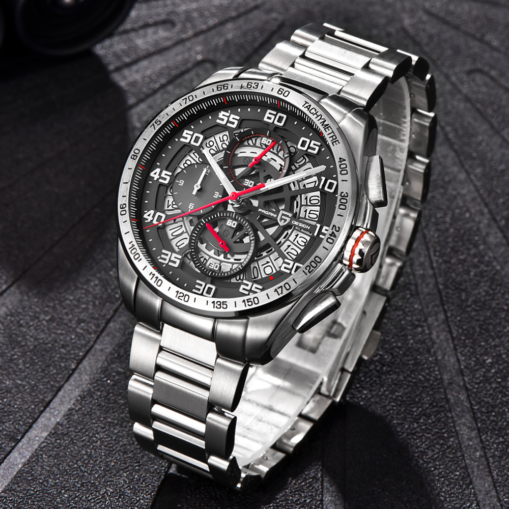 PAGANI DESIGN Men's Quartz Watches Stainless Steel Genuine Leather Watchband Waterproof Chronograph Wrist Watch for Men Skeleton Dial Auto Date