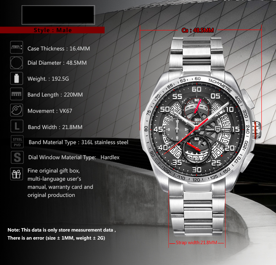 PAGANI DESIGN Men's Quartz Watches Stainless Steel Genuine Leather Watchband Waterproof Chronograph Wrist Watch for Men Skeleton Dial Auto Date