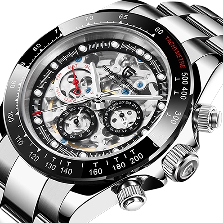 PAGANI DESIGN Men's Skeleton Automatic Watches Daytona Homage Stainless Steel Waterproof Wrist Watch with Sapphire Glass