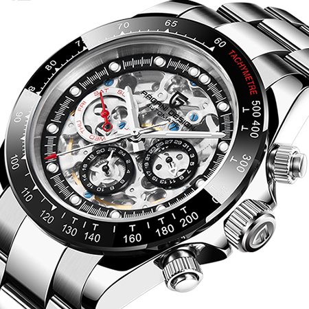 PAGANI DESIGN Men's Skeleton Automatic Watches Daytona Homage Stainless Steel Waterproof Wrist Watch with Sapphire Glass