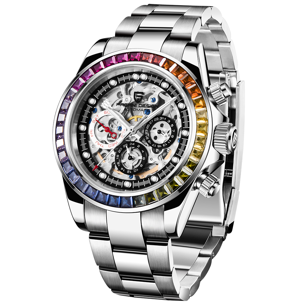 PAGANI DESIGN Men s Skeleton Automatic Watches Mechanical Stainless Steel Waterproof Wrist Watch with Sapphire Glass Rainbow Bezel