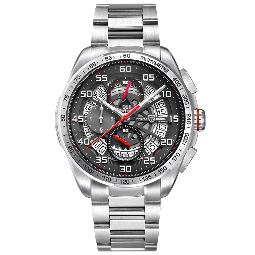 PAGANI DESIGN Men's Quartz Watches Stainless Steel Genuine Leather Watchband Waterproof Chronograph Wrist Watch for Men Skeleton Dial Auto Date
