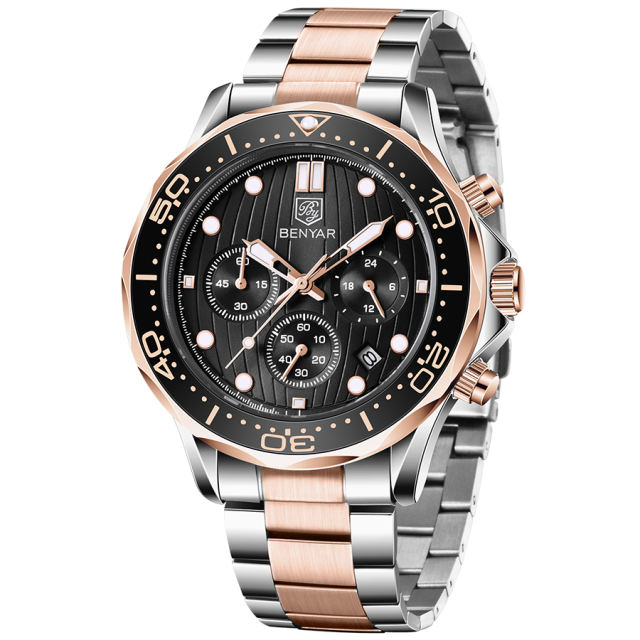 BENYAR New Men's Quartz Watches Waterproof Stainless Steel Chronograph Wrist Watch for Men Auto Date Rotated Aluminum Bezel Luminous Dial