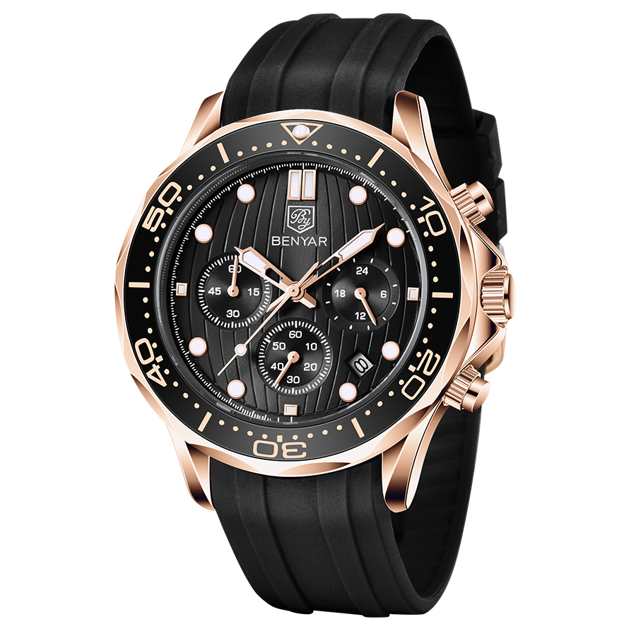 BENYAR New Men's Quartz Watches Waterproof Stainless Steel Chronograph Wrist Watch for Men Auto Date Rotated Aluminum Bezel Luminous Dial
