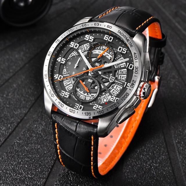 PAGANI DESIGN Men's Quartz Watches Stainless Steel Genuine Leather Watchband Waterproof Chronograph Wrist Watch for Men Skeleton Dial Auto Date