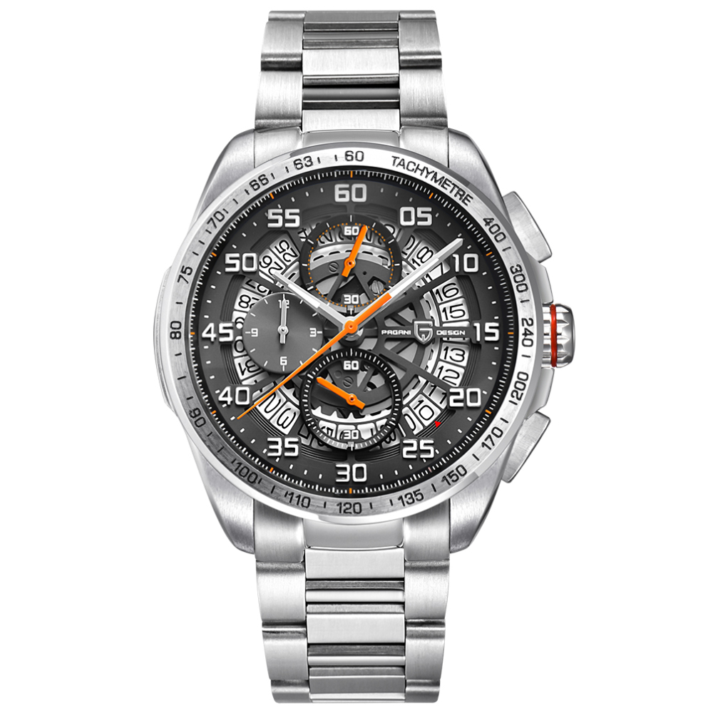 PAGANI DESIGN Men's Quartz Watches Stainless Steel Genuine Leather Watchband Waterproof Chronograph Wrist Watch for Men Skeleton Dial Auto Date
