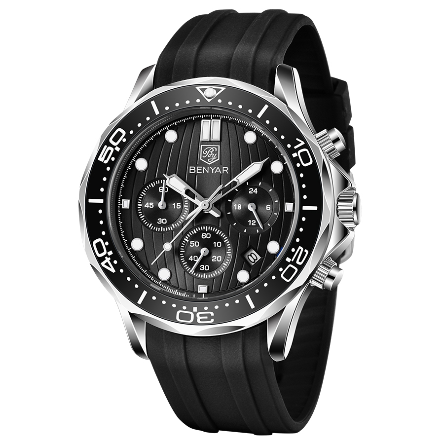 BENYAR New Men's Quartz Watches Waterproof Silicone Watchband Chronograph Wrist Watch for Men Auto Date Rotated Aluminum Bezel Luminous Dial