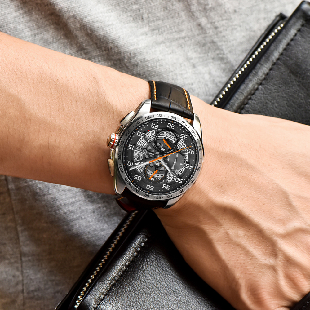 PAGANI DESIGN Men's Quartz Watches Stainless Steel Genuine Leather Watchband Waterproof Chronograph Wrist Watch for Men Skeleton Dial Auto Date