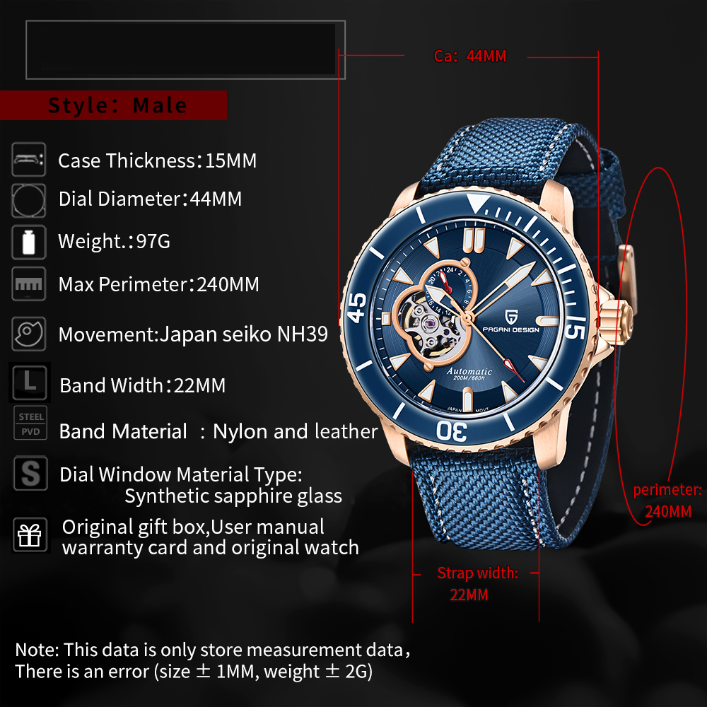 PAGANI DESIGN C3 Lume Men's Automatic Mechanical Watches with SEIKO NH39A Movement Nylon Leather Watch Strap Sapphire Dial Glass