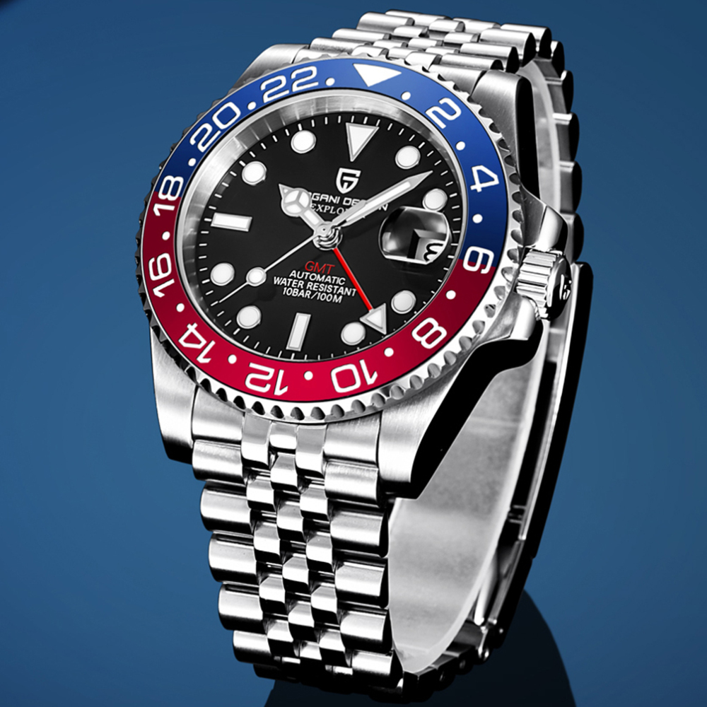 PAGANI DESIGN Men's Watches Automatic GMT Mechanical Stainless Steel Waterproof Wrist Watch for Men Jubilee Bracelet Sapphire Glass