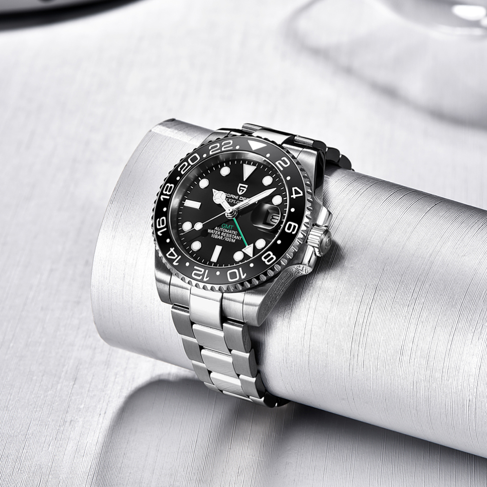 PAGANI DESIGN Men's Watches Automatic GMT Mechanical Stainless Steel Waterproof Wrist Watch for Men Jubilee Bracelet Sapphire Glass