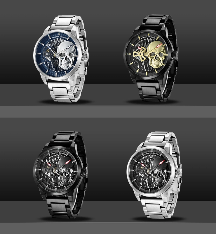PAGANI DESIGN Men's Watches Skeleton Automatic Mechanical Wrist Watch for Men Genuine Leather Stainless Steel Skull Dial Wristwatch