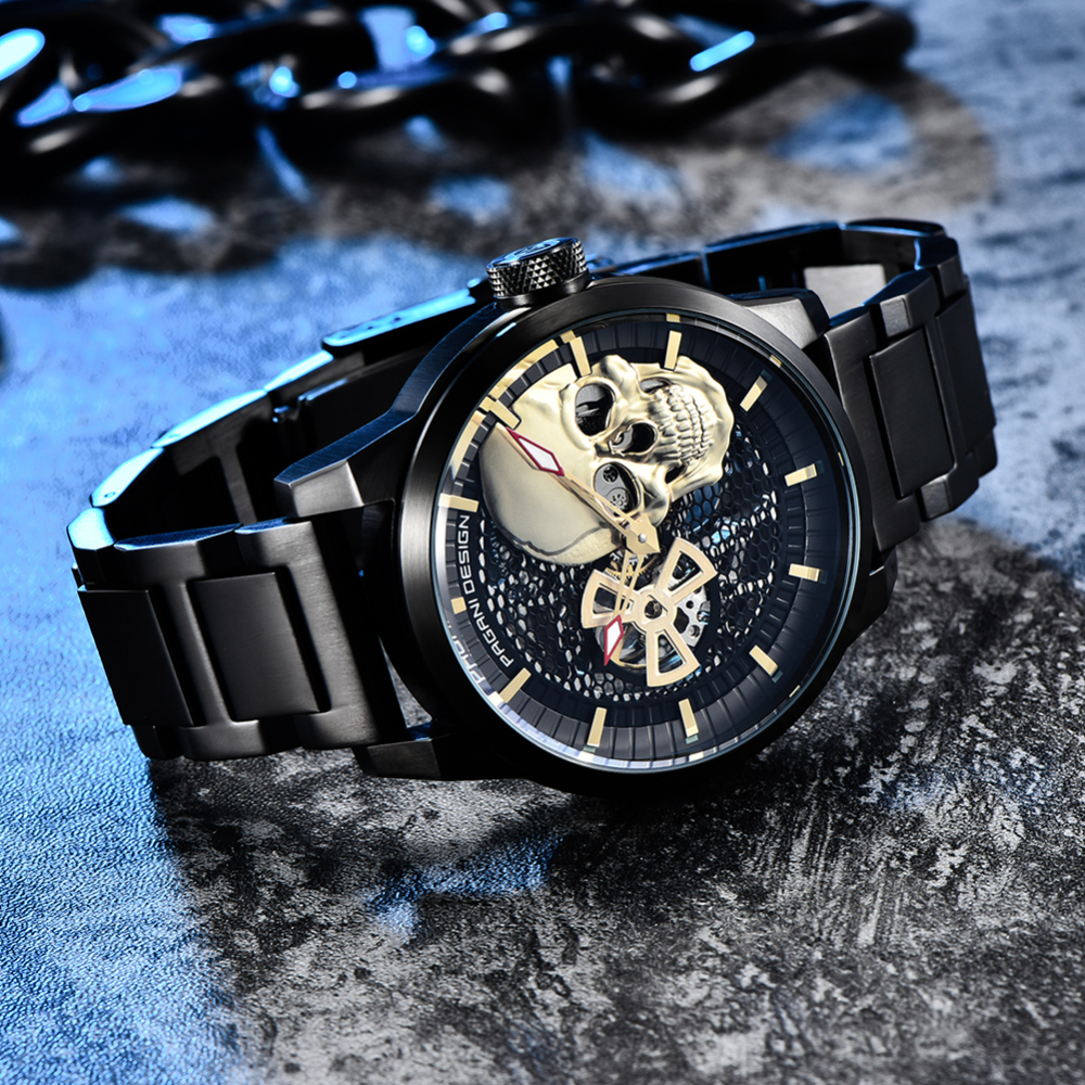 PAGANI DESIGN Men's Watches Skeleton Automatic Mechanical Wrist Watch for Men Genuine Leather Stainless Steel Skull Dial Wristwatch
